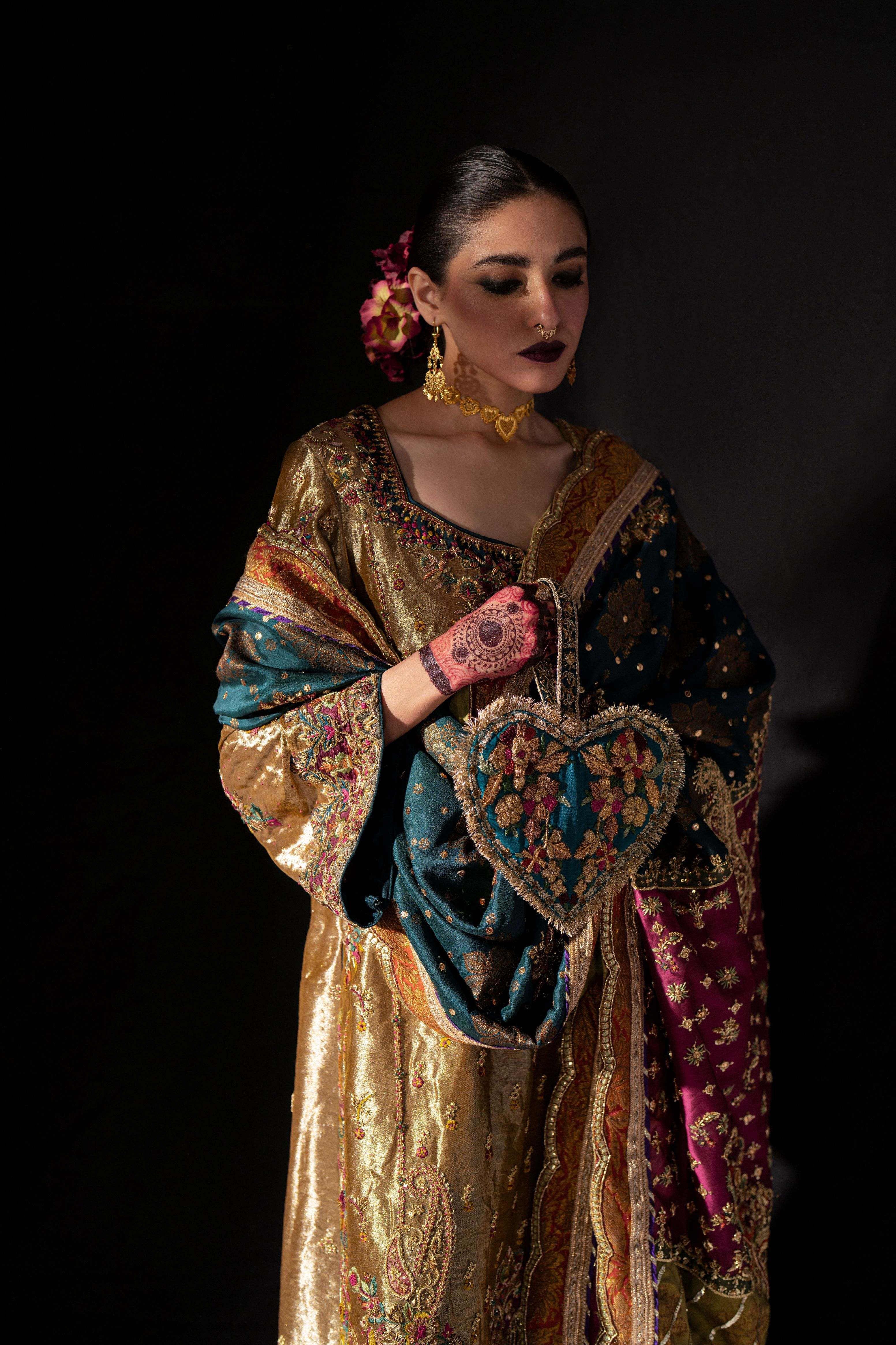 Pakistani Gold Embroidered Silk Kurta Set (3-Piece) - Image 3