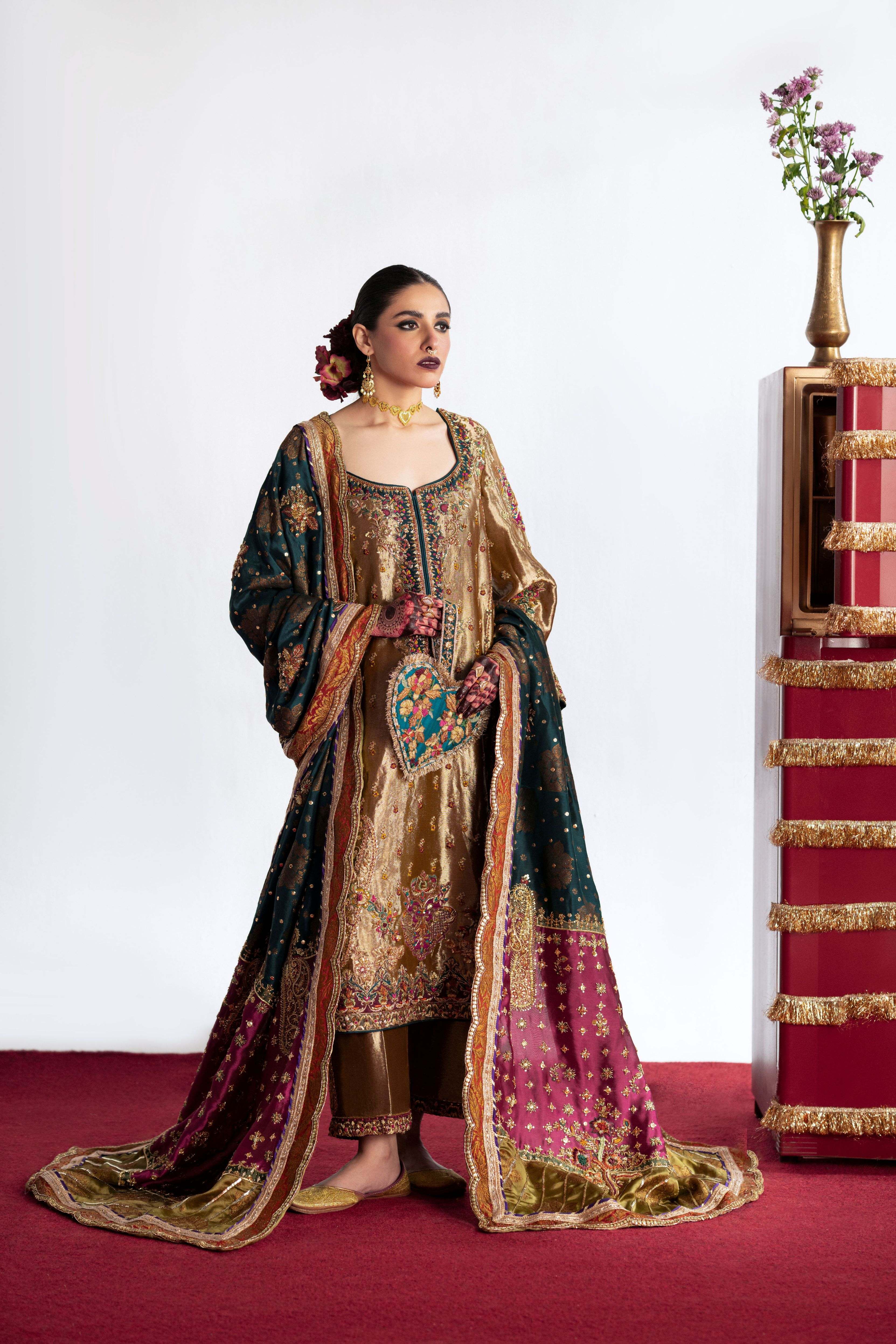 Pakistani Gold Embroidered Silk Kurta Set (3-Piece) - Image 4