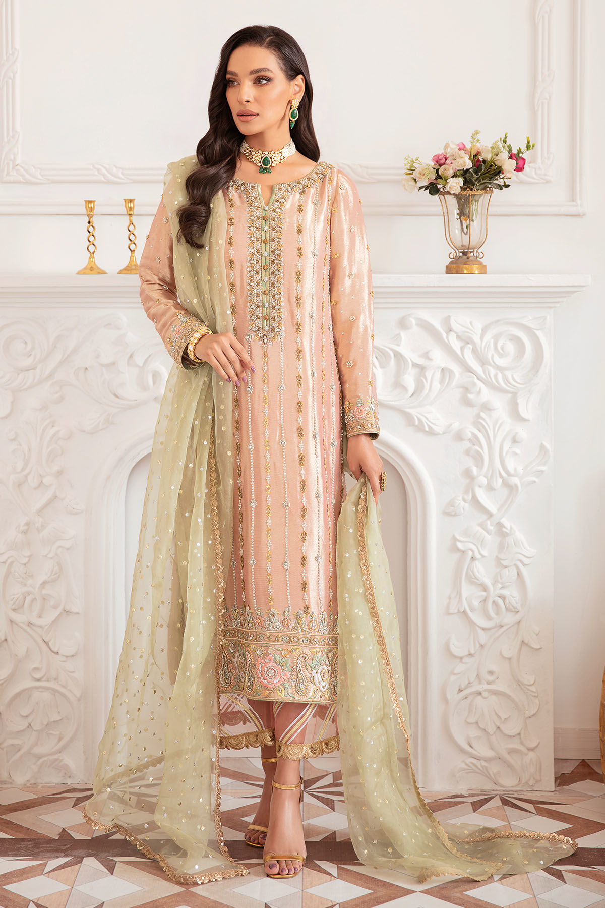 Rose Gold Zardozi Silk Lame Salwar Kameez (3-Piece) - Image 1
