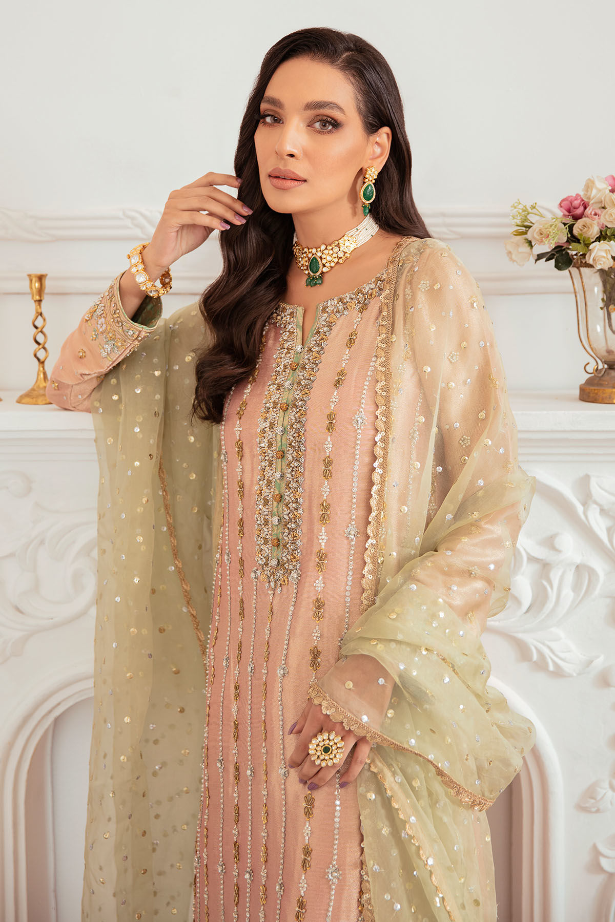 Rose Gold Zardozi Silk Lame Salwar Kameez (3-Piece) - Image 2