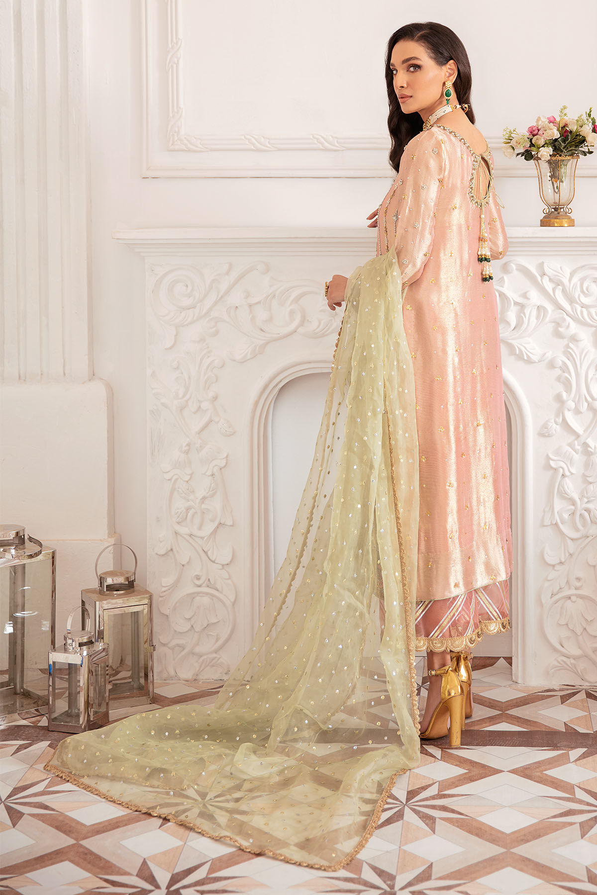 Rose Gold Zardozi Silk Lame Salwar Kameez (3-Piece) - Image 3