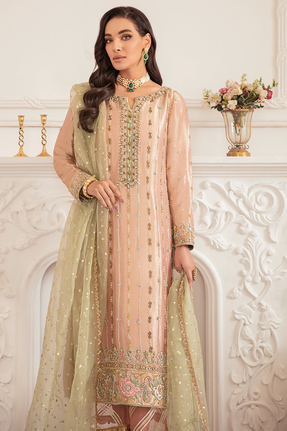 Rose Gold Zardozi Silk Lame Salwar Kameez (3-Piece) - Image 4
