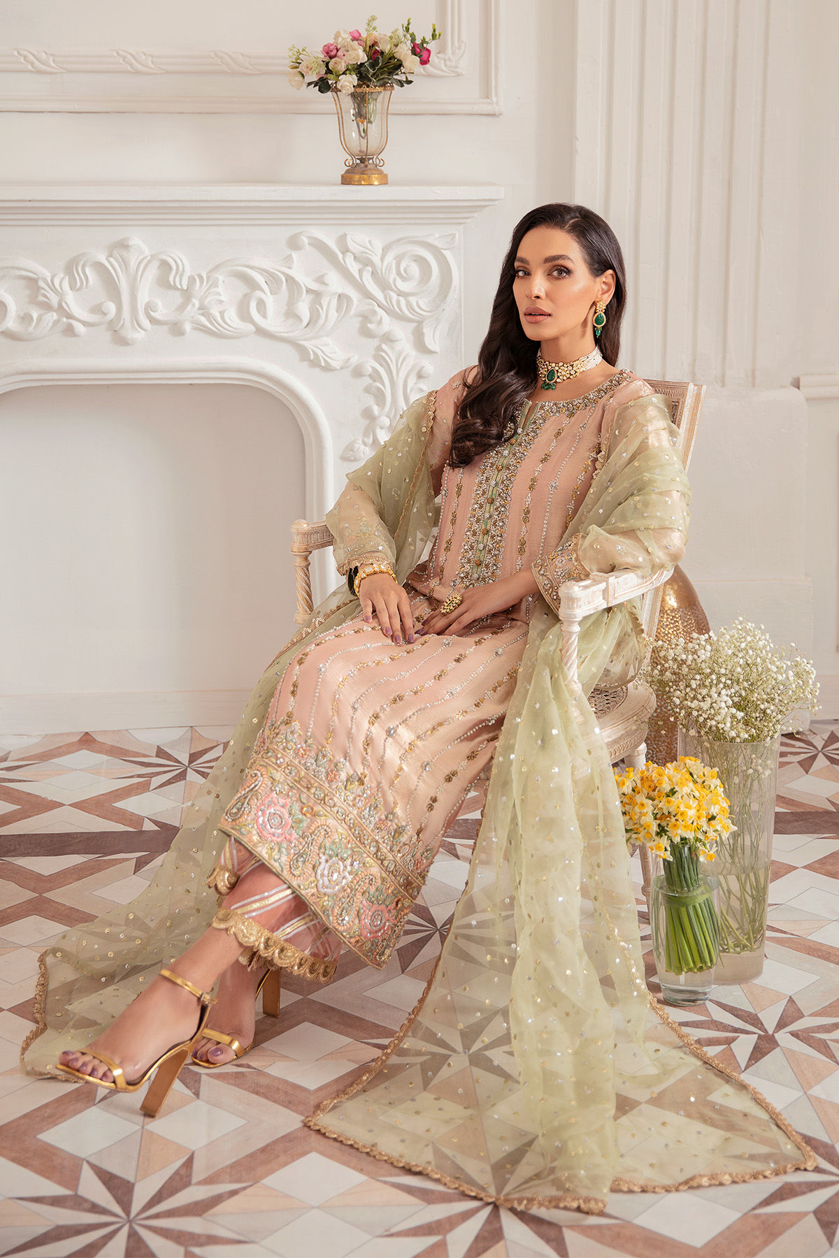 Rose Gold Zardozi Silk Lame Salwar Kameez (3-Piece) - Image 5