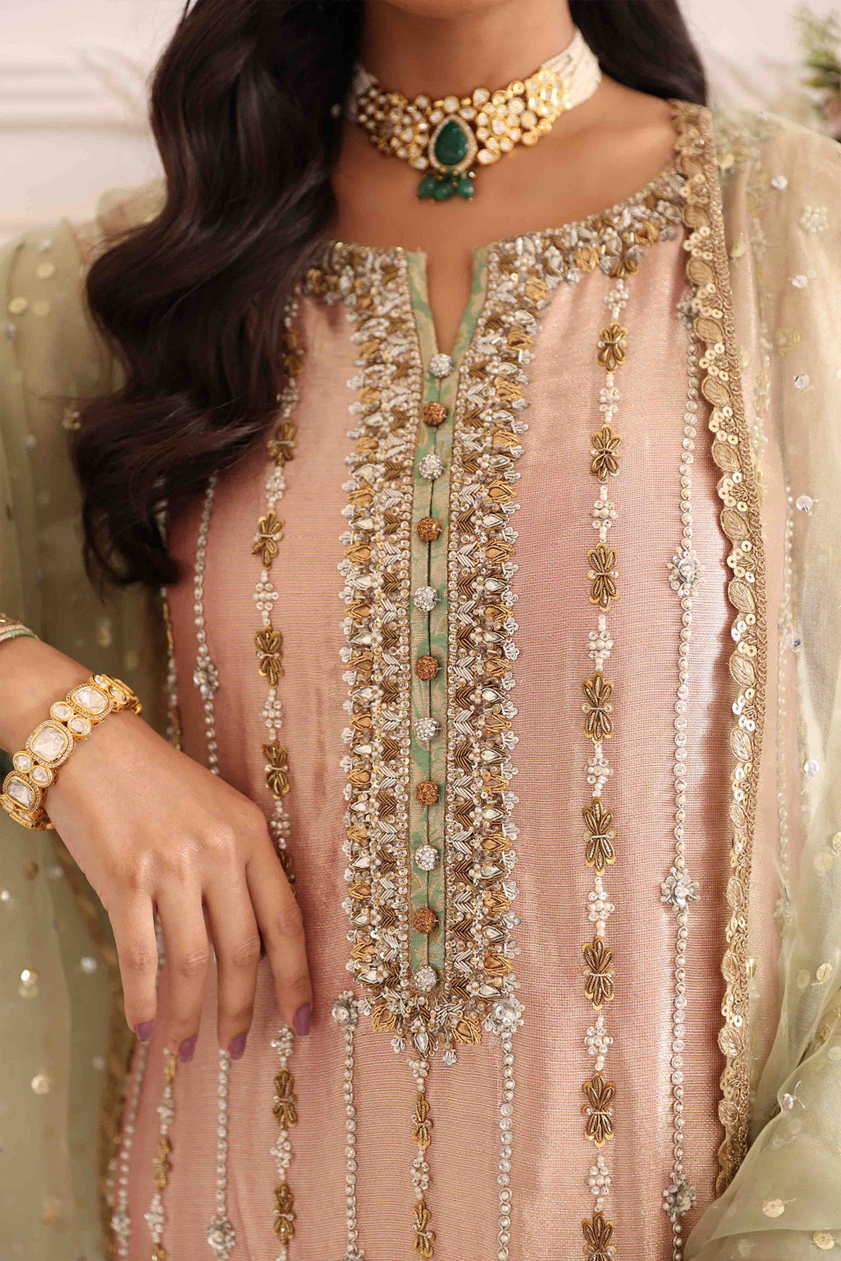 Rose Gold Zardozi Silk Lame Salwar Kameez (3-Piece) - Image 6