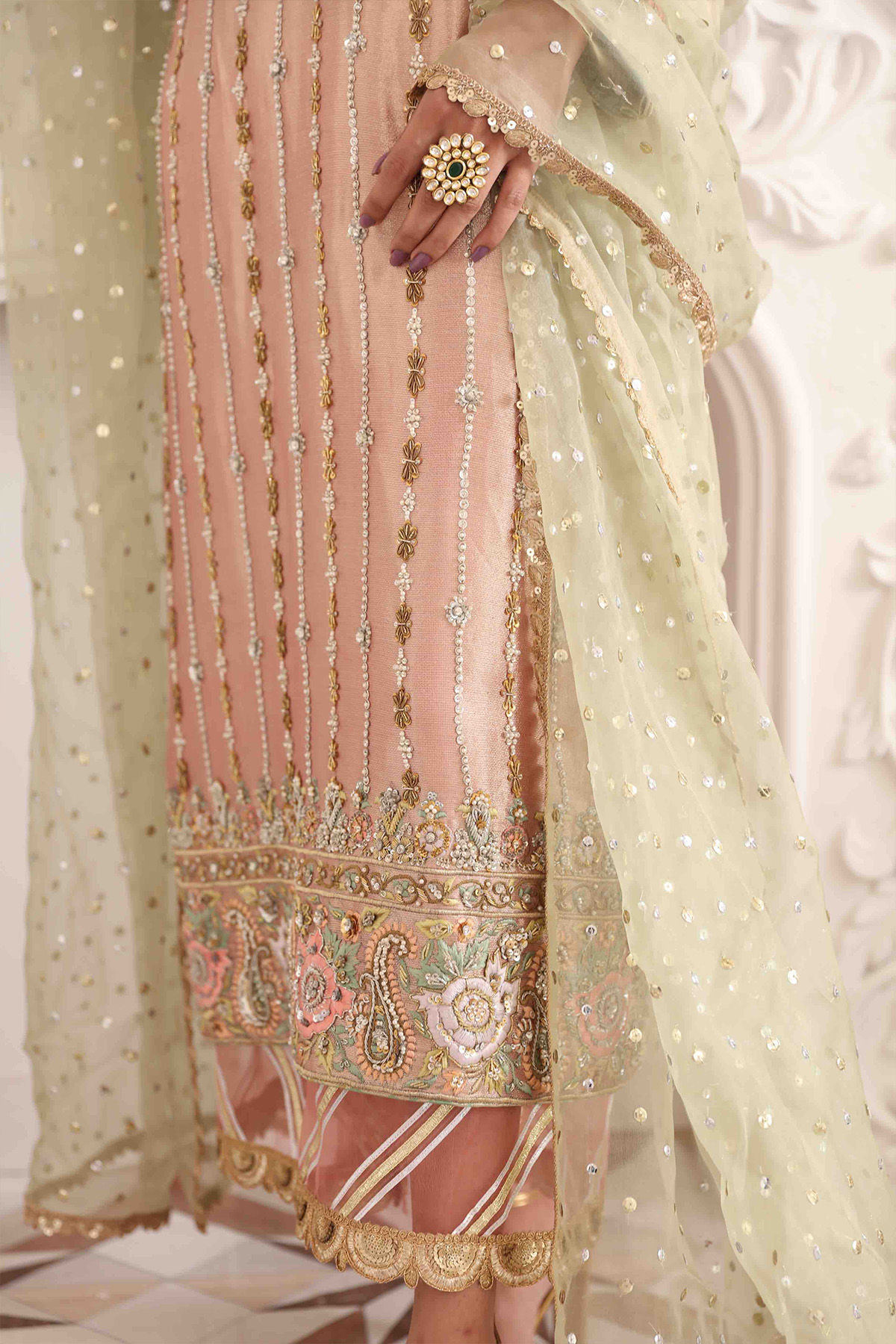 Rose Gold Zardozi Silk Lame Salwar Kameez (3-Piece) - Image 7