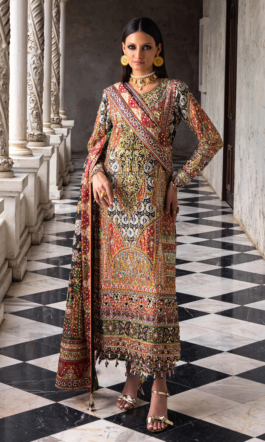 Multi-Colour Embellished Silk Long Kameez (3-Piece) - Image 1