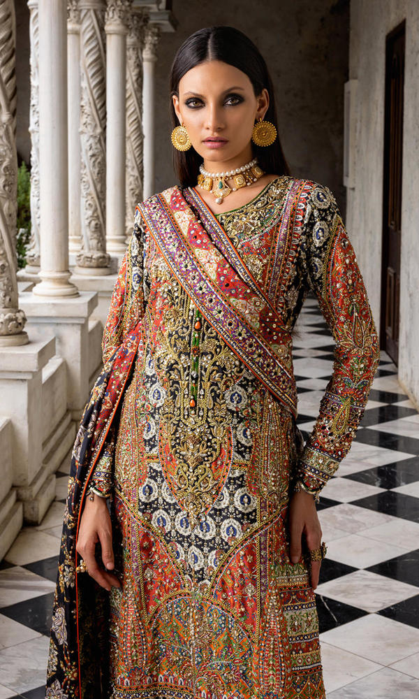 Multi-Colour Embellished Silk Long Kameez (3-Piece) - Image 3