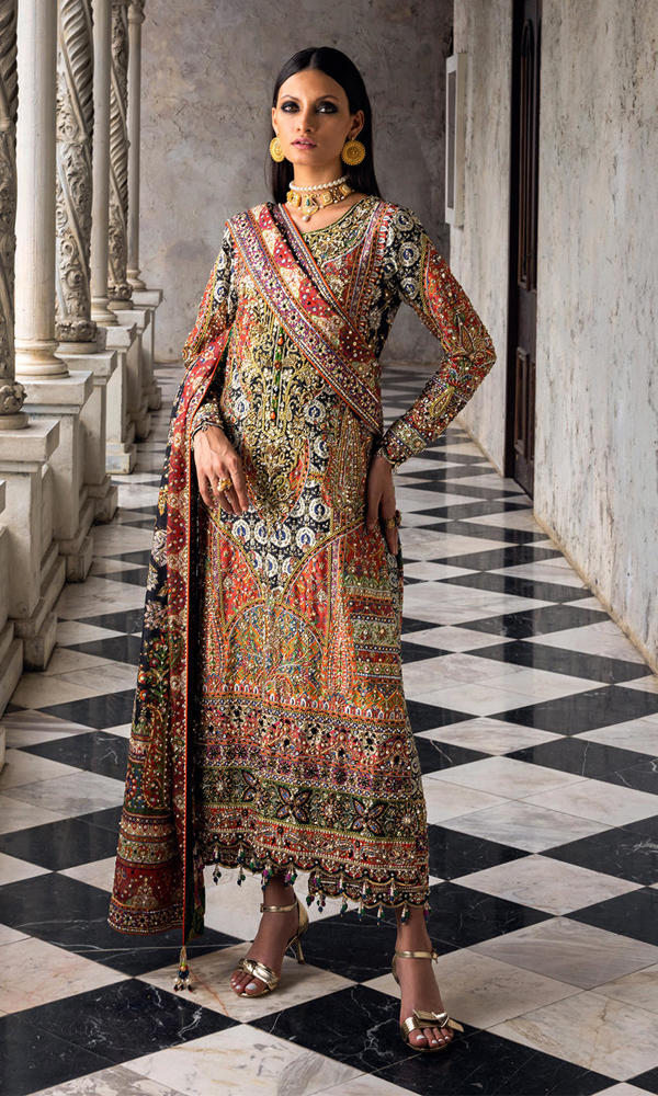 Multi-Colour Embellished Silk Long Kameez (3-Piece) - Image 5