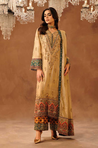 Pakistani Gold Hand-Embellished Silk Net Salwar Kameez (3-Piece) - Image 3