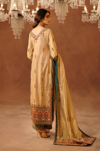 Pakistani Gold Hand-Embellished Silk Net Salwar Kameez (3-Piece) - Image 4