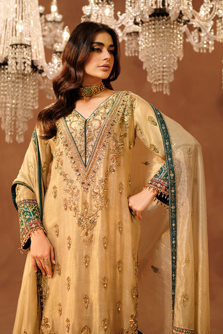 Pakistani Gold Hand-Embellished Silk Net Salwar Kameez (3-Piece) - Image 5