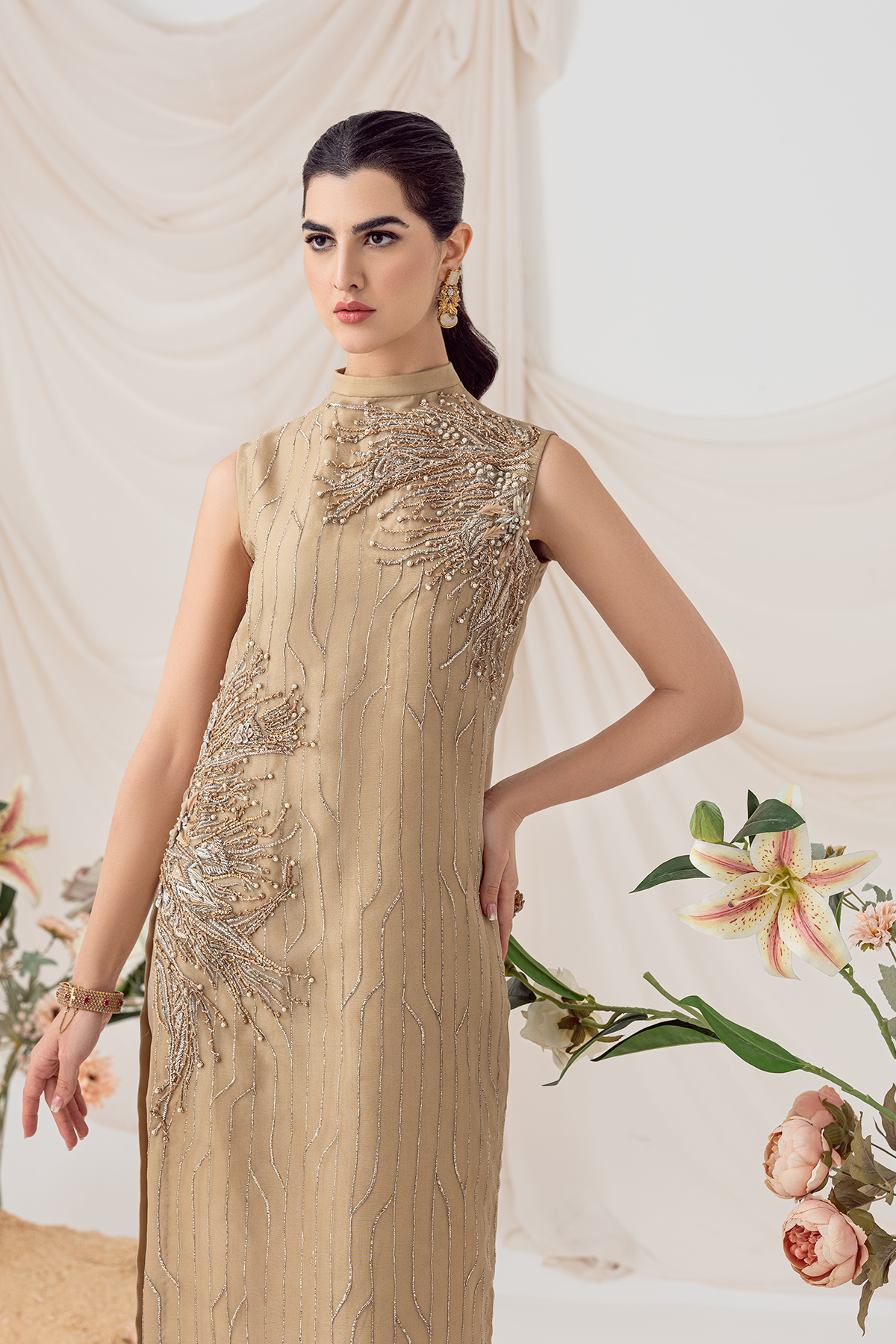 Pakistani Gold Hand-Embellished Silk Organza Salwar Kameez (2-Piece) - Image 6