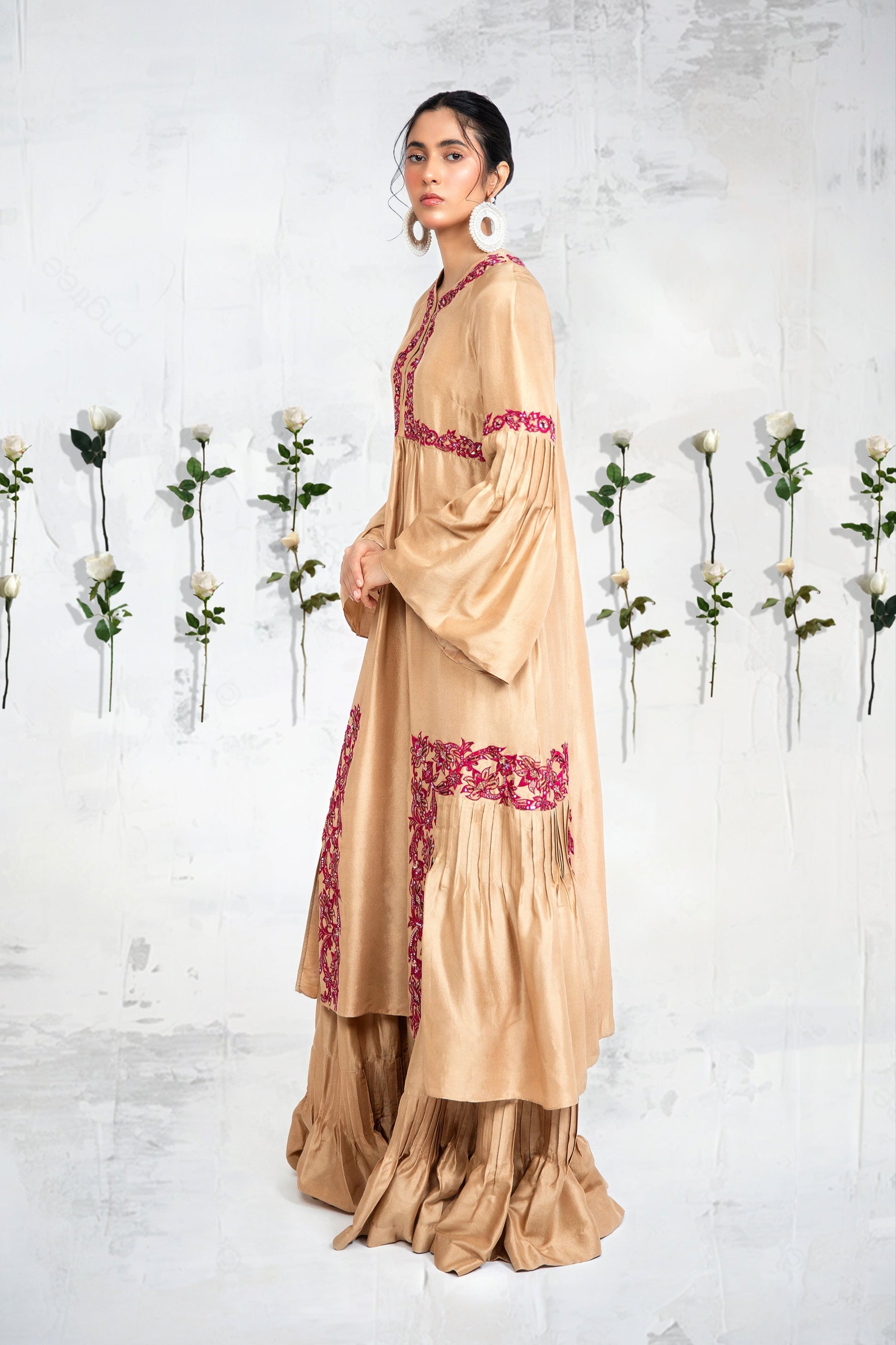 Pakistani Gold Latte Embroidered Silk Salwar Kameez (2-Piece) - Image 2