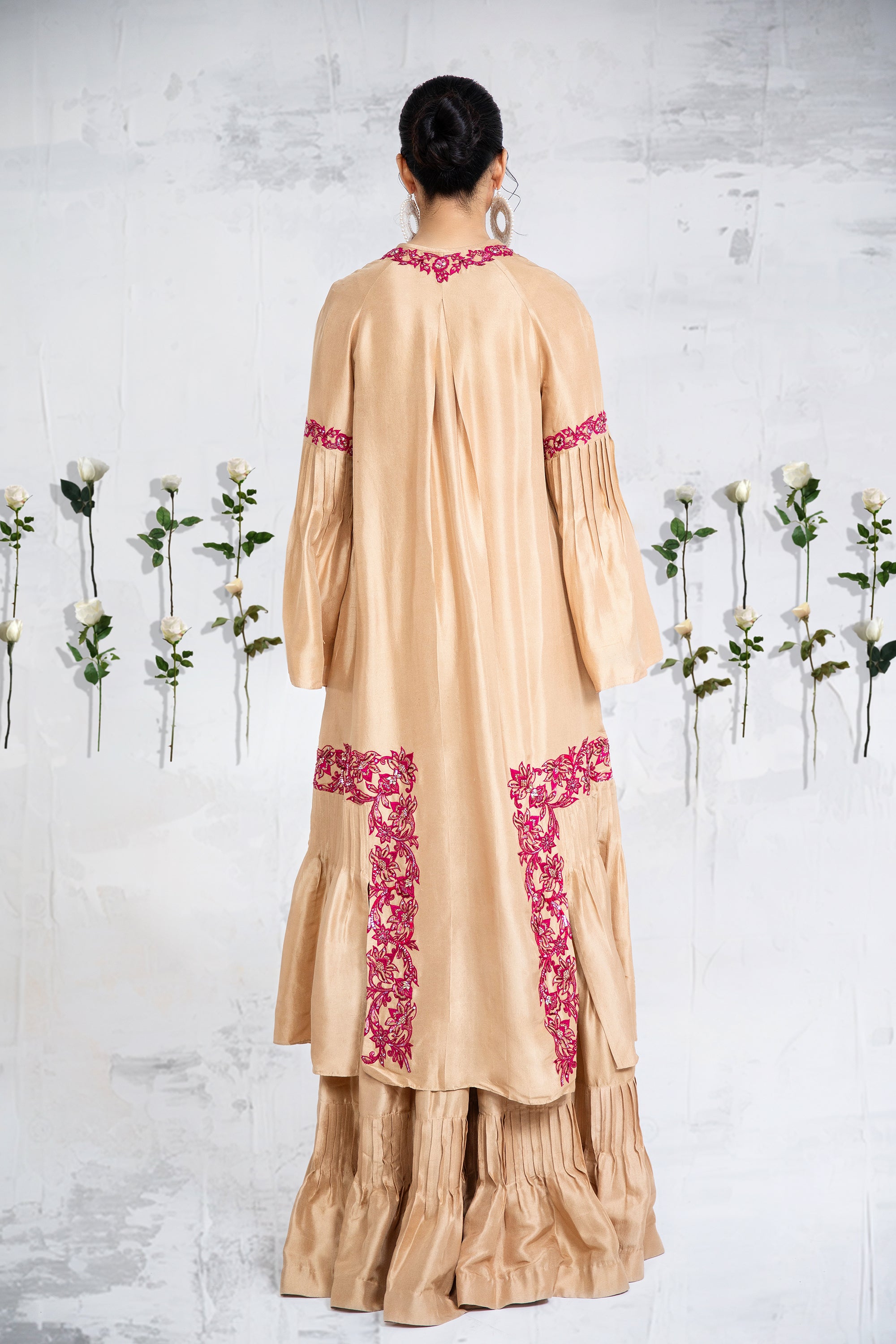 Pakistani Gold Latte Embroidered Silk Salwar Kameez (2-Piece) - Image 3