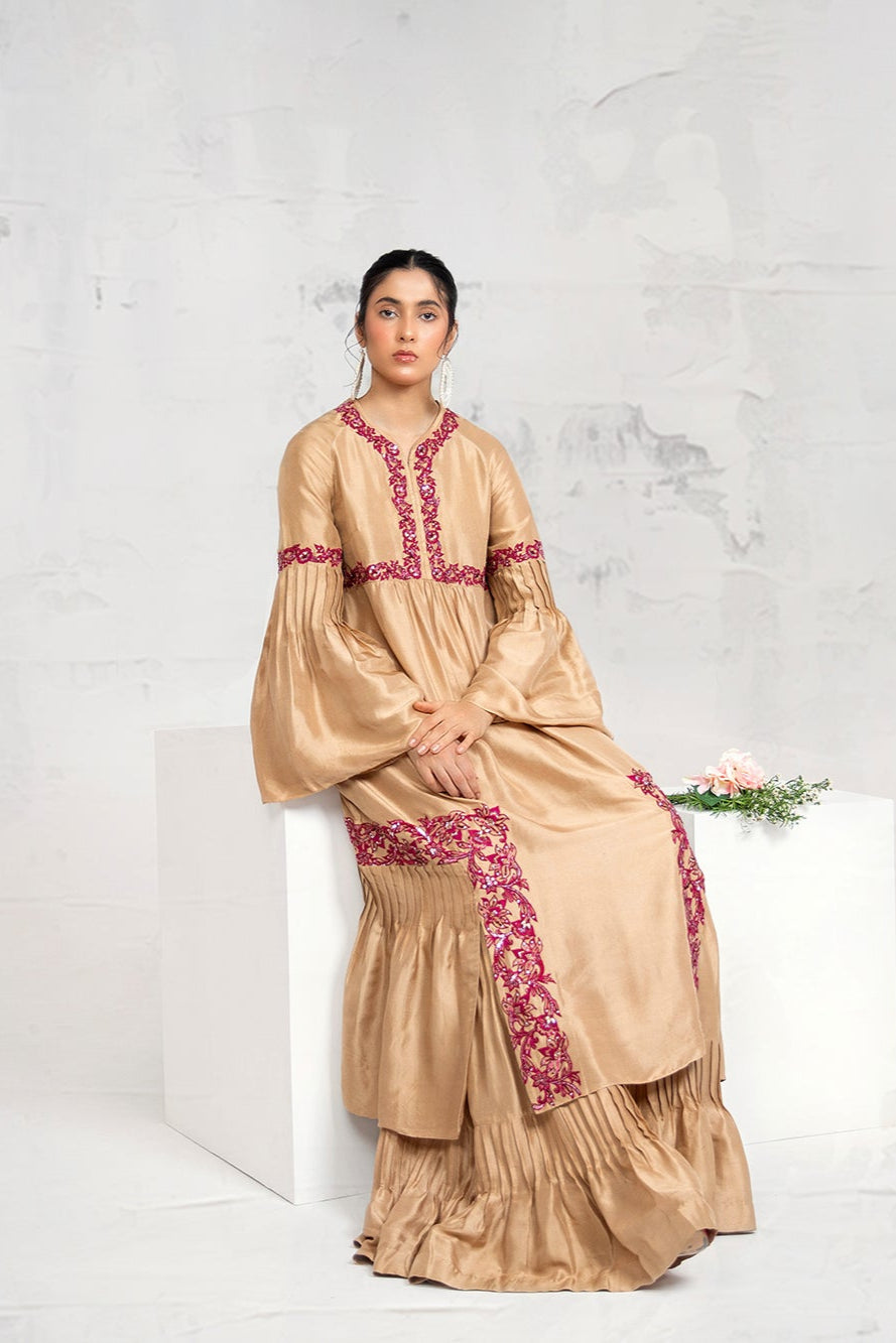 Pakistani Gold Latte Embroidered Silk Salwar Kameez (2-Piece) - Image 4