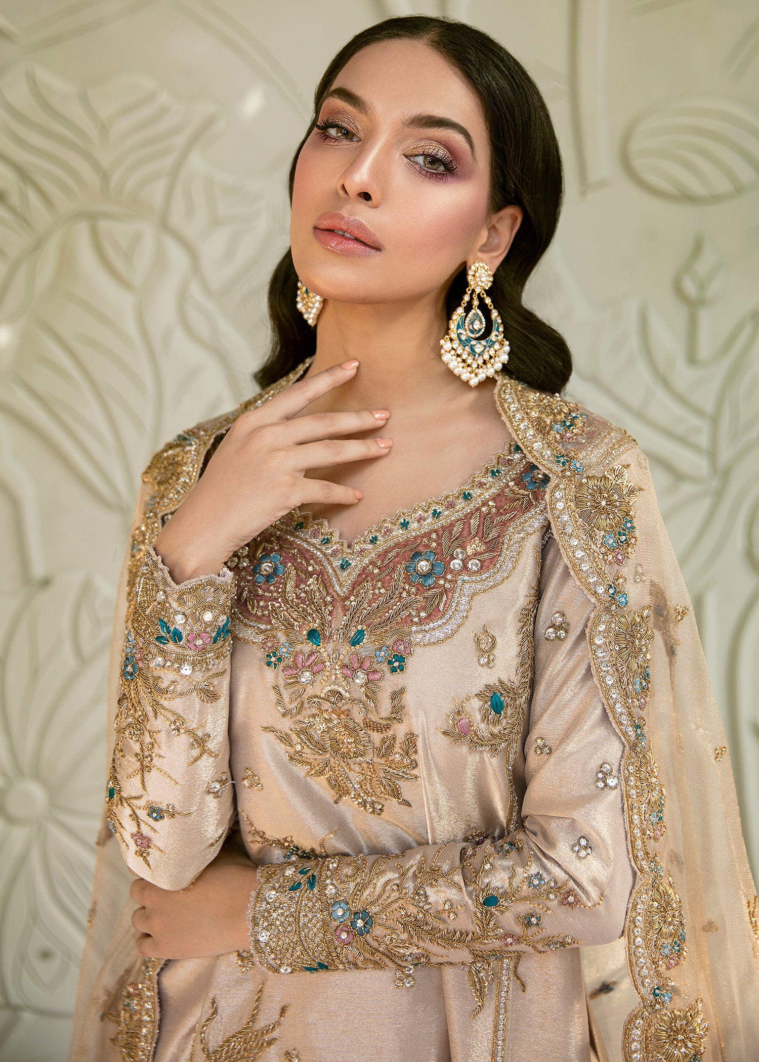 Pakistani Champagne Gold Embellished Silk-Blend Salwar Kameez (3-Piece) - Image 4