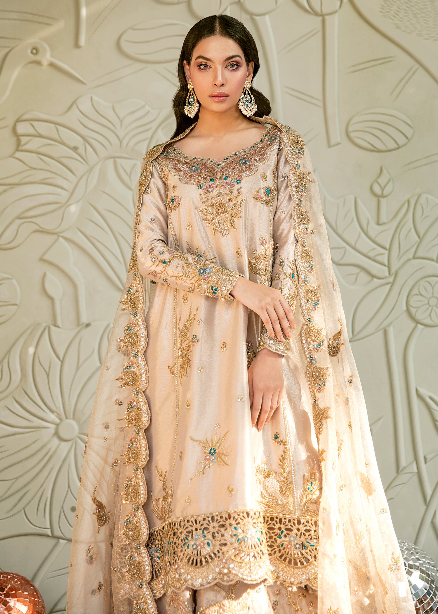 Pakistani Champagne Gold Embellished Silk-Blend Salwar Kameez (3-Piece) - Image 5