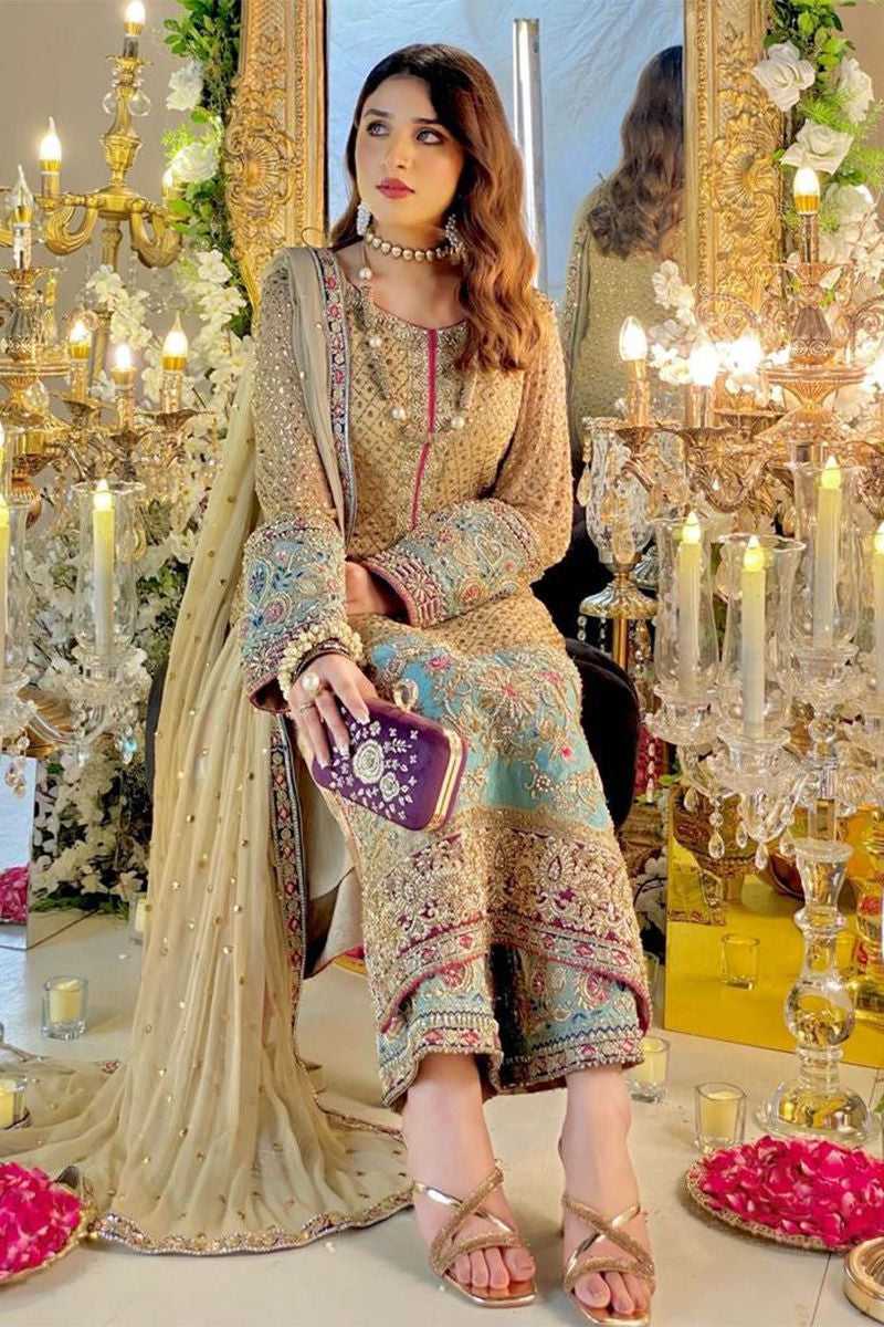 Pakistani Gold and Aqua Embellished Silk Salwar Kameez (3-Piece) - Image 1