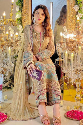 Pakistani Gold and Aqua Embellished Silk Salwar Kameez (3-Piece) - Image 3