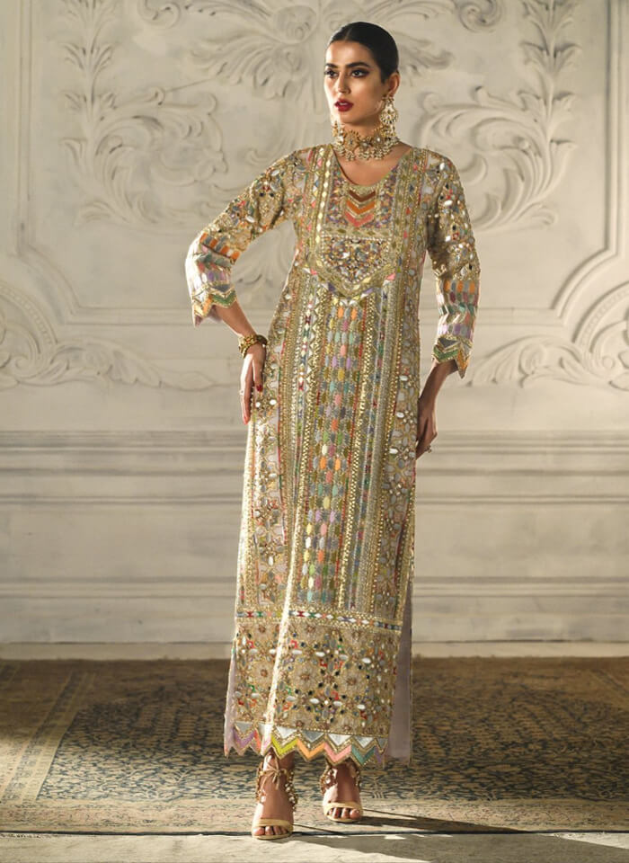 Gold Multi-Tone Embroidered Silk Long Kameez (2-Piece) - Image 1