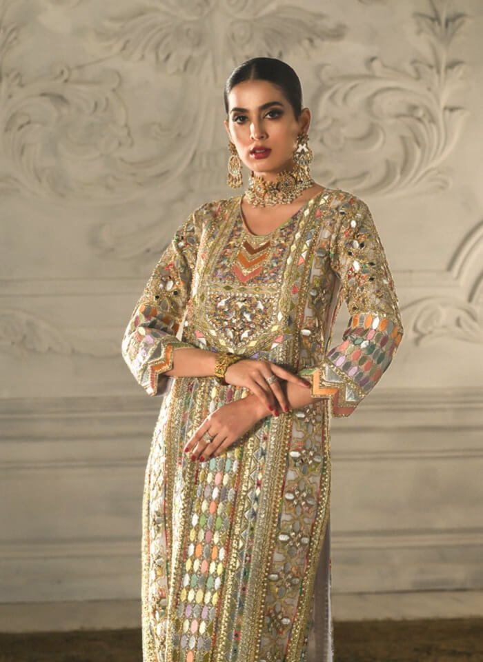 Gold Multi-Tone Embroidered Silk Long Kameez (2-Piece) - Image 2