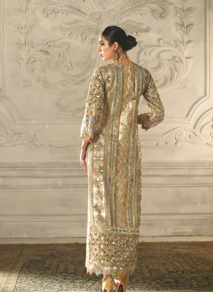Gold Multi-Tone Embroidered Silk Long Kameez (2-Piece) - Image 3