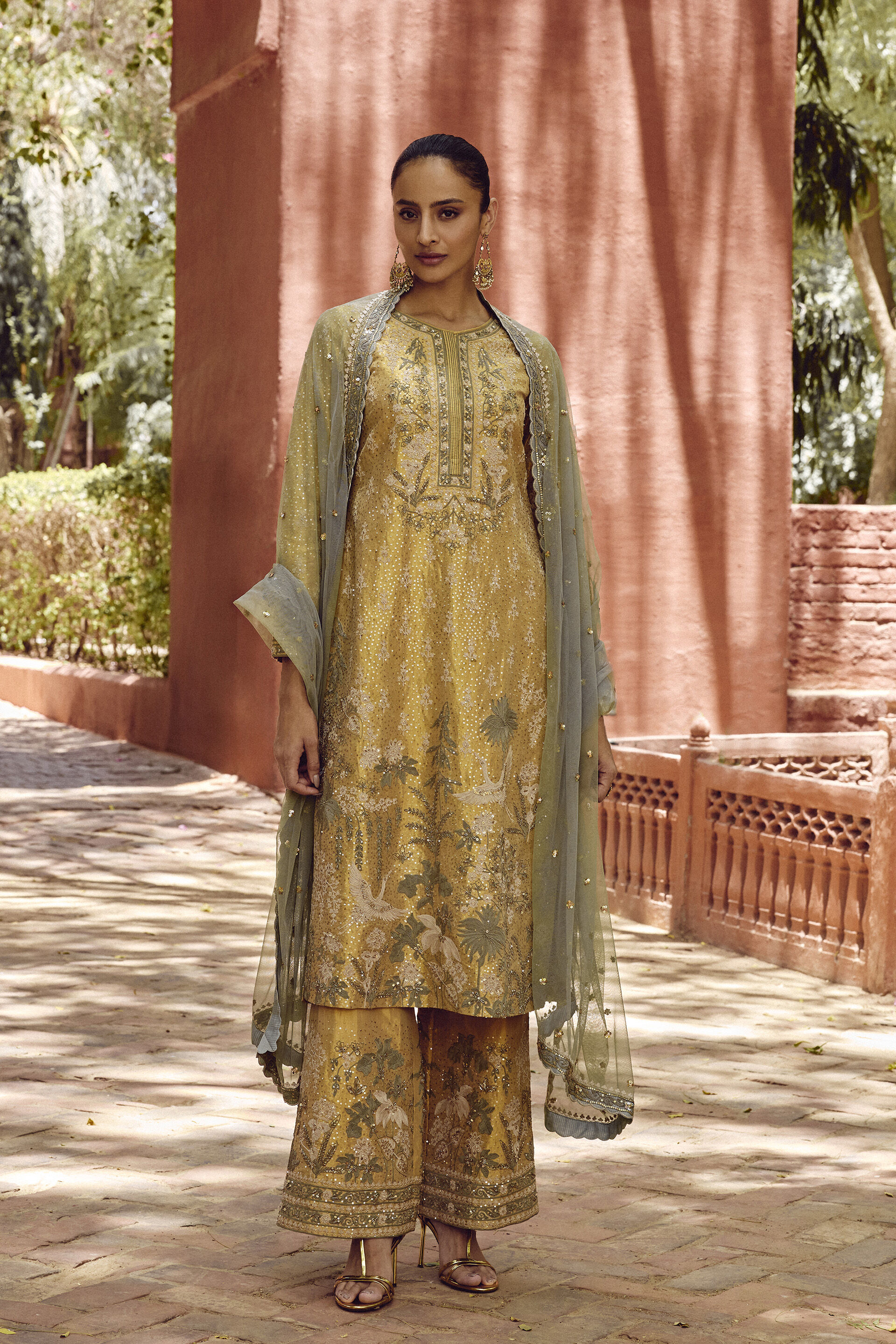 Indian Gold Embroidered Silk Kurta Set (3-Piece) - Image 1
