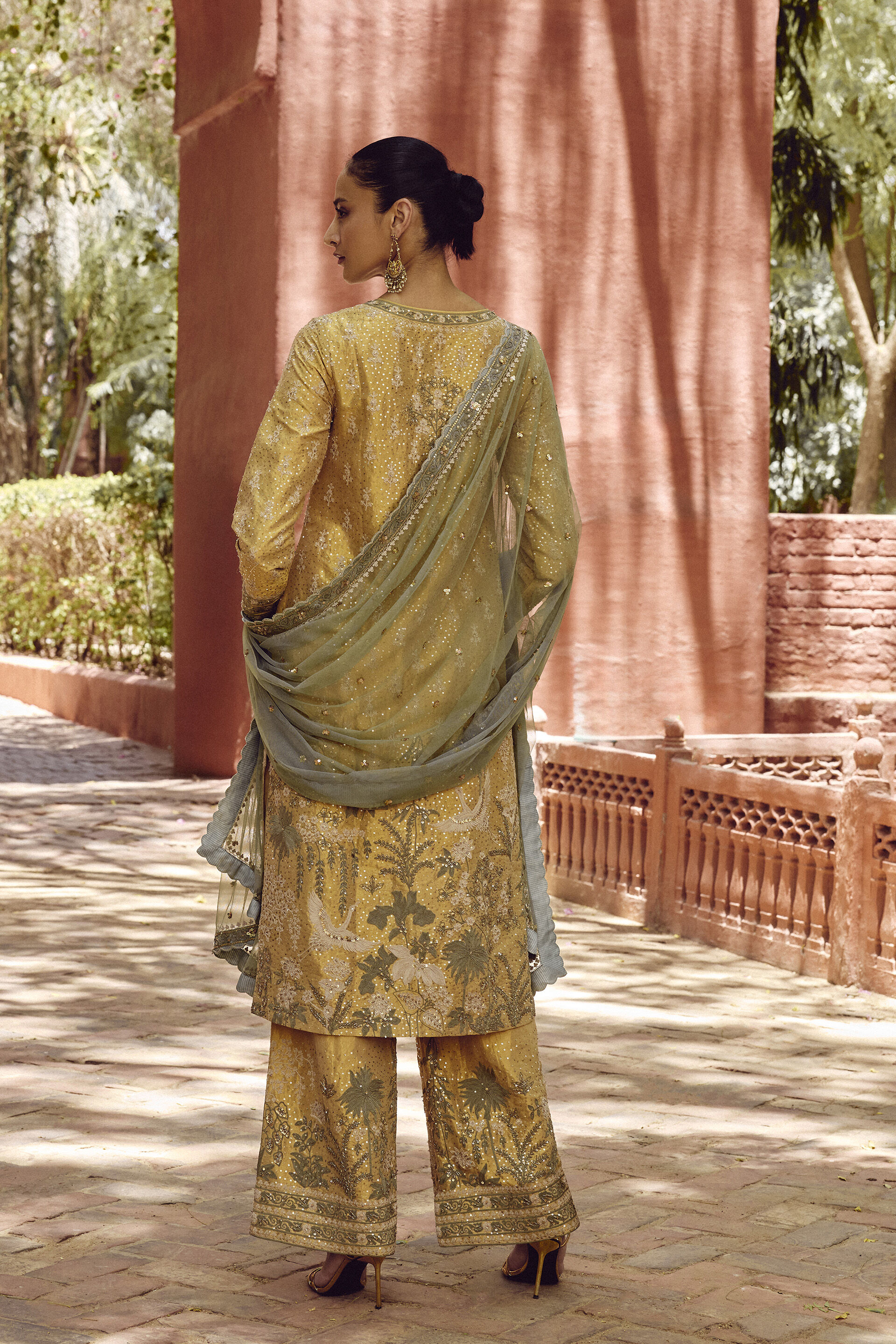Indian Gold Embroidered Silk Kurta Set (3-Piece) - Image 2