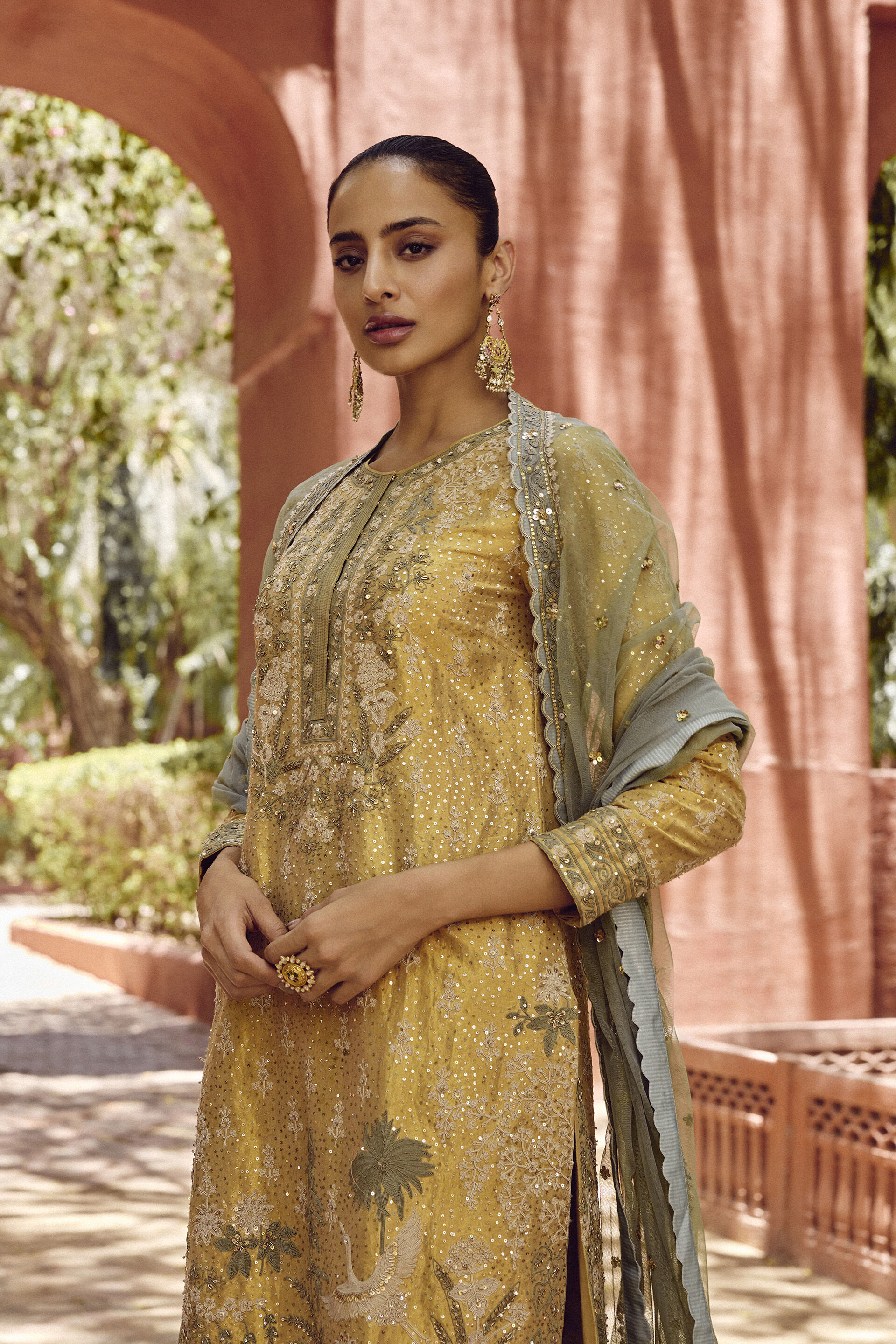 Indian Gold Embroidered Silk Kurta Set (3-Piece) - Image 3