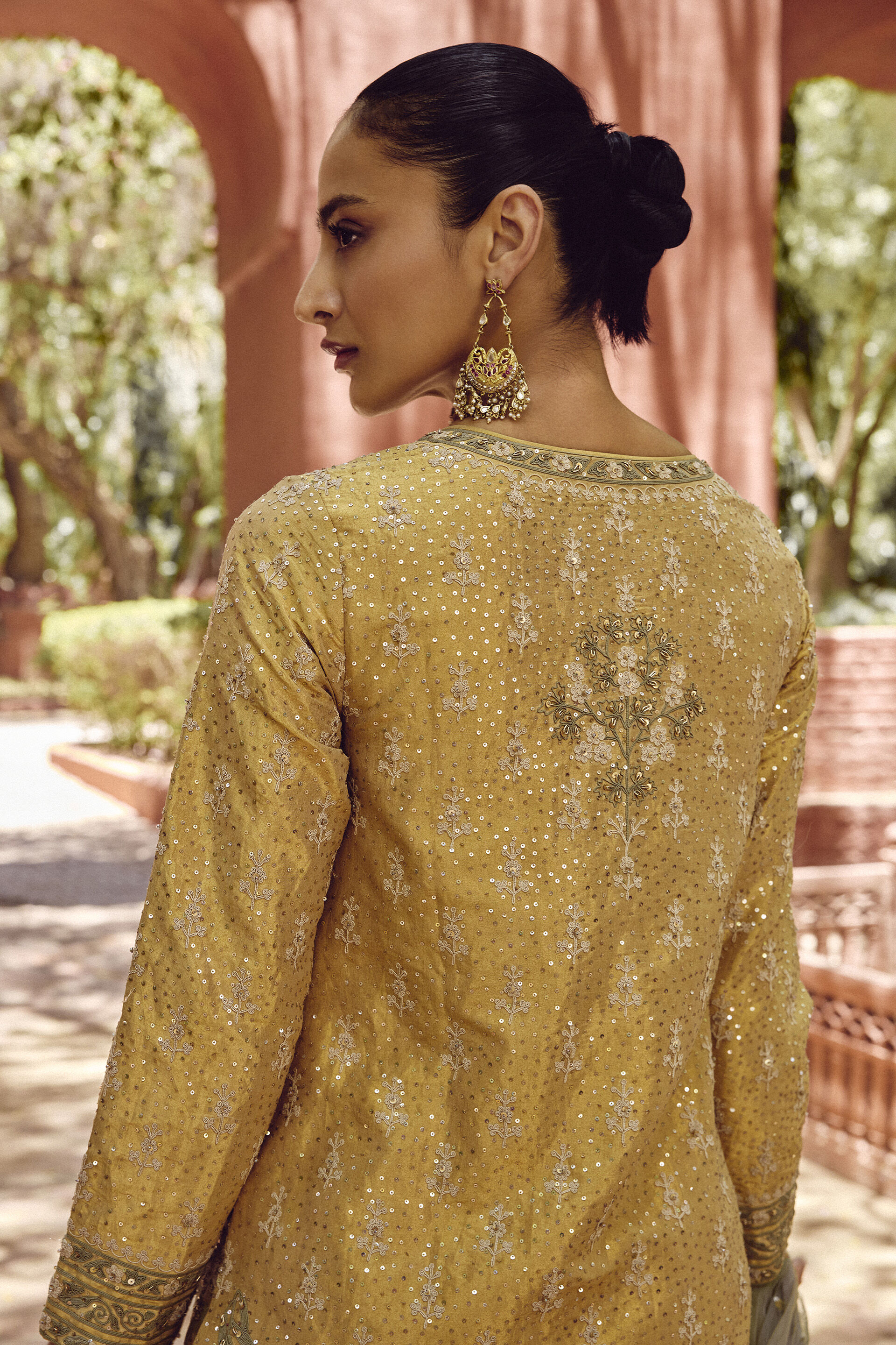 Indian Gold Embroidered Silk Kurta Set (3-Piece) - Image 5