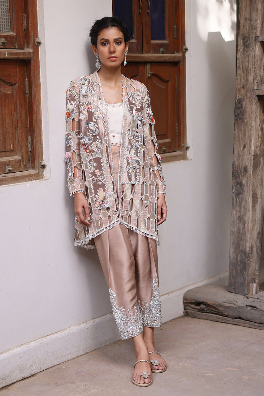 Gold Hand-Embellished Tissue & Silk Jacket Set (3-Piece) - Image 1