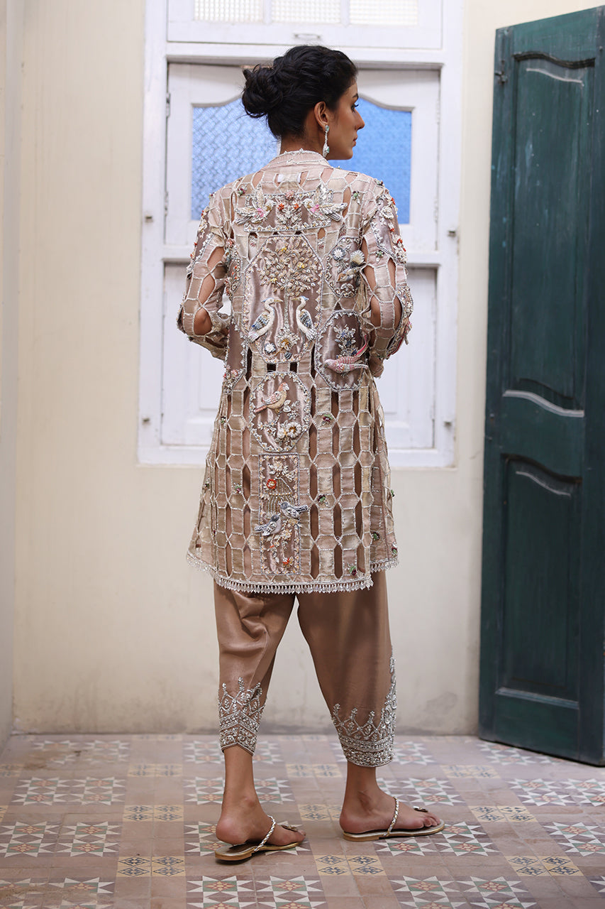 Gold Hand-Embellished Tissue & Silk Jacket Set (3-Piece) - Image 2