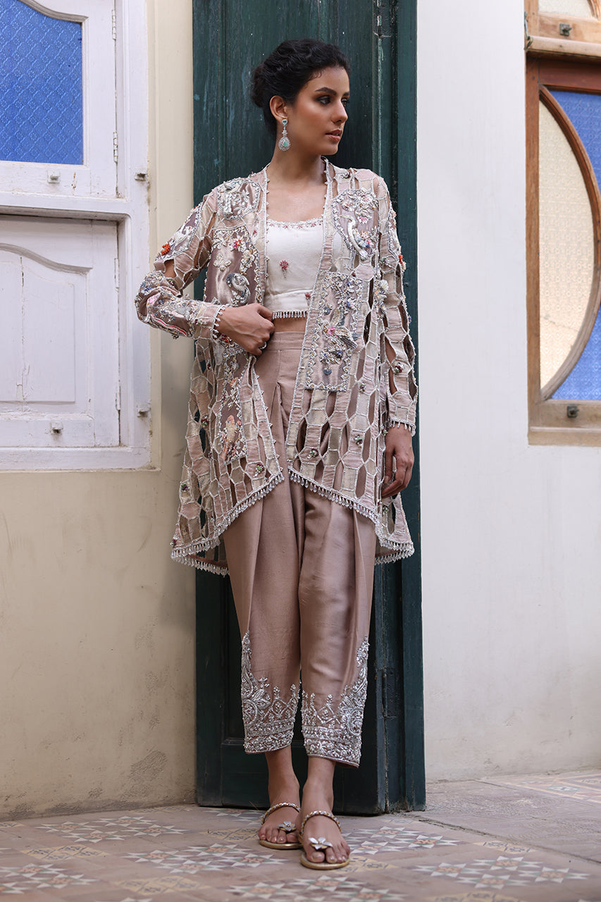 Gold Hand-Embellished Tissue & Silk Jacket Set (3-Piece) - Image 5