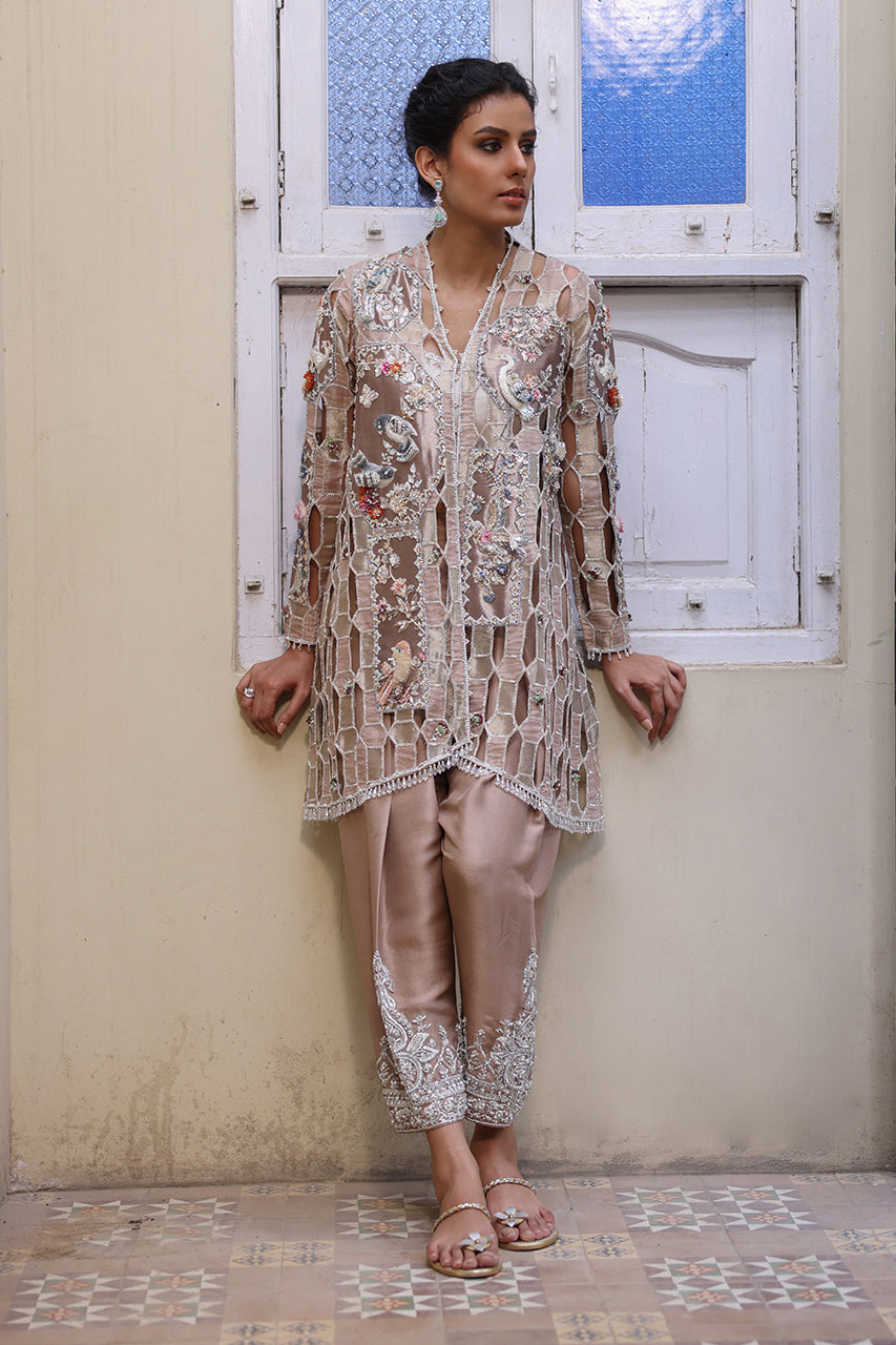 Gold Hand-Embellished Tissue & Silk Jacket Set (3-Piece) - Image 6