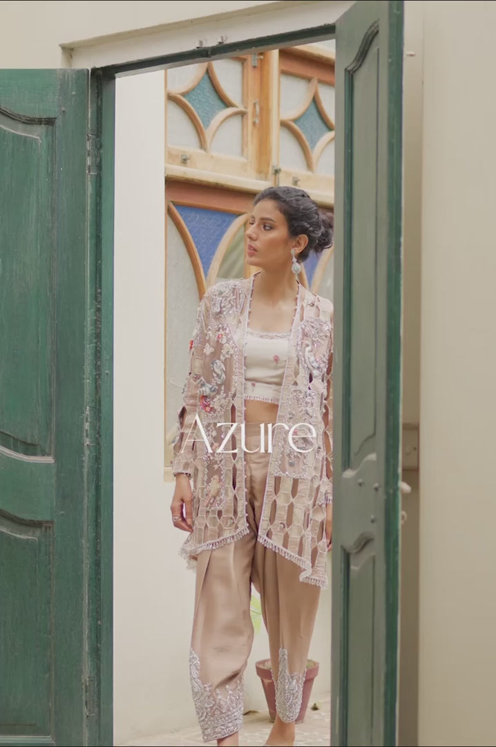 Gold Hand-Embellished Tissue & Silk Jacket Set (3-Piece) - Image 7