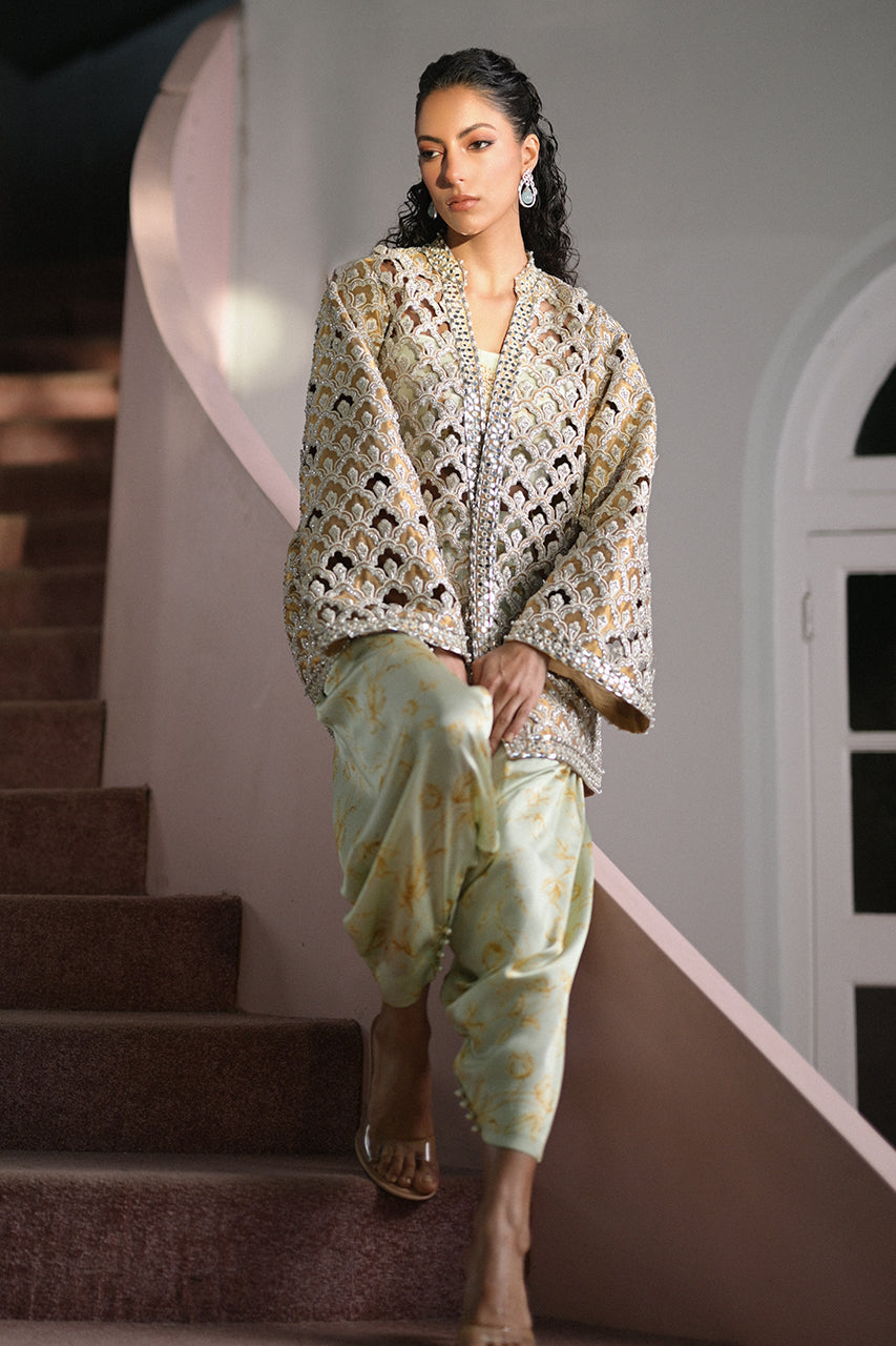 Pakistani Deep Gold Cutwork Tissue Jacket Salwar Kameez (3-Piece) - Image 1