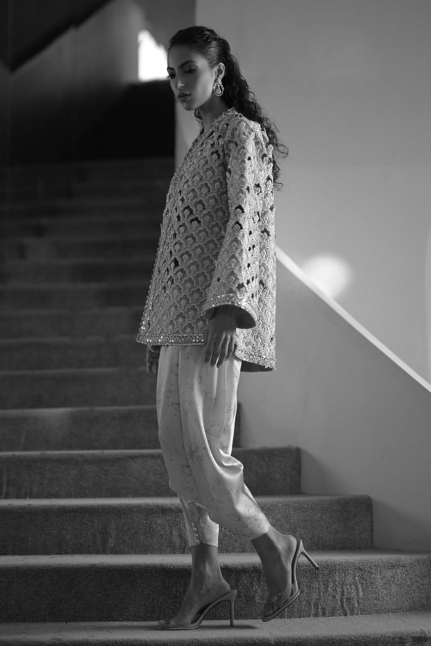 Pakistani Deep Gold Cutwork Tissue Jacket Salwar Kameez (3-Piece) - Image 10