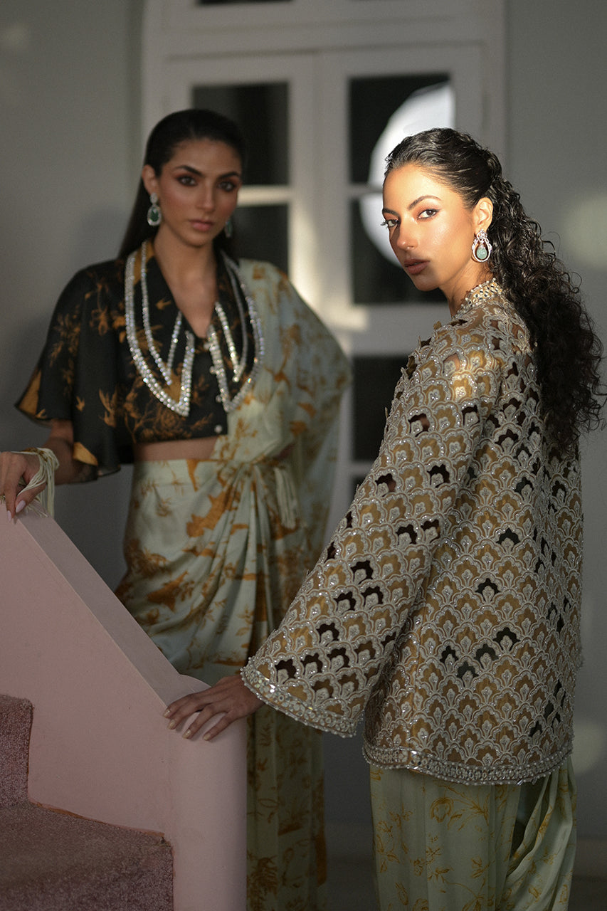 Pakistani Deep Gold Cutwork Tissue Jacket Salwar Kameez (3-Piece) - Image 11