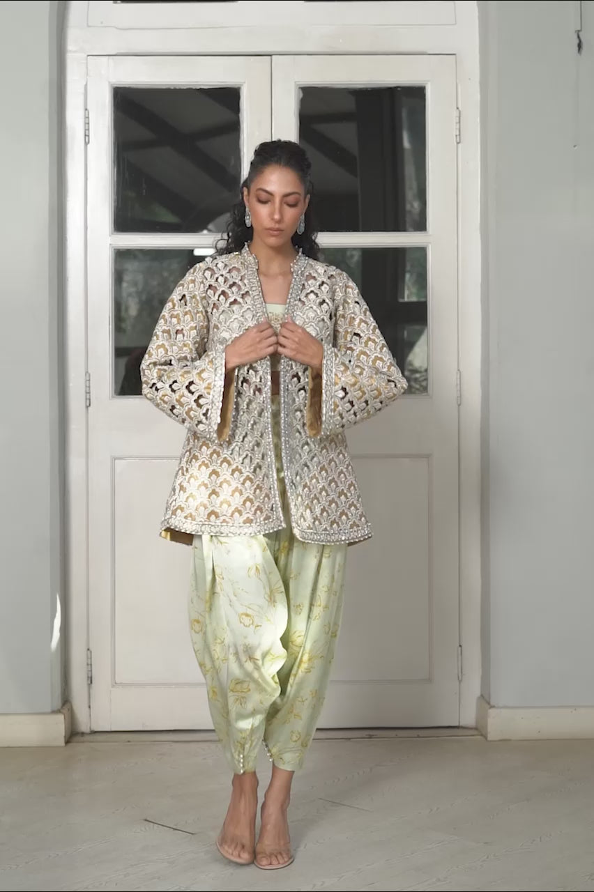 Pakistani Deep Gold Cutwork Tissue Jacket Salwar Kameez (3-Piece) - Image 13