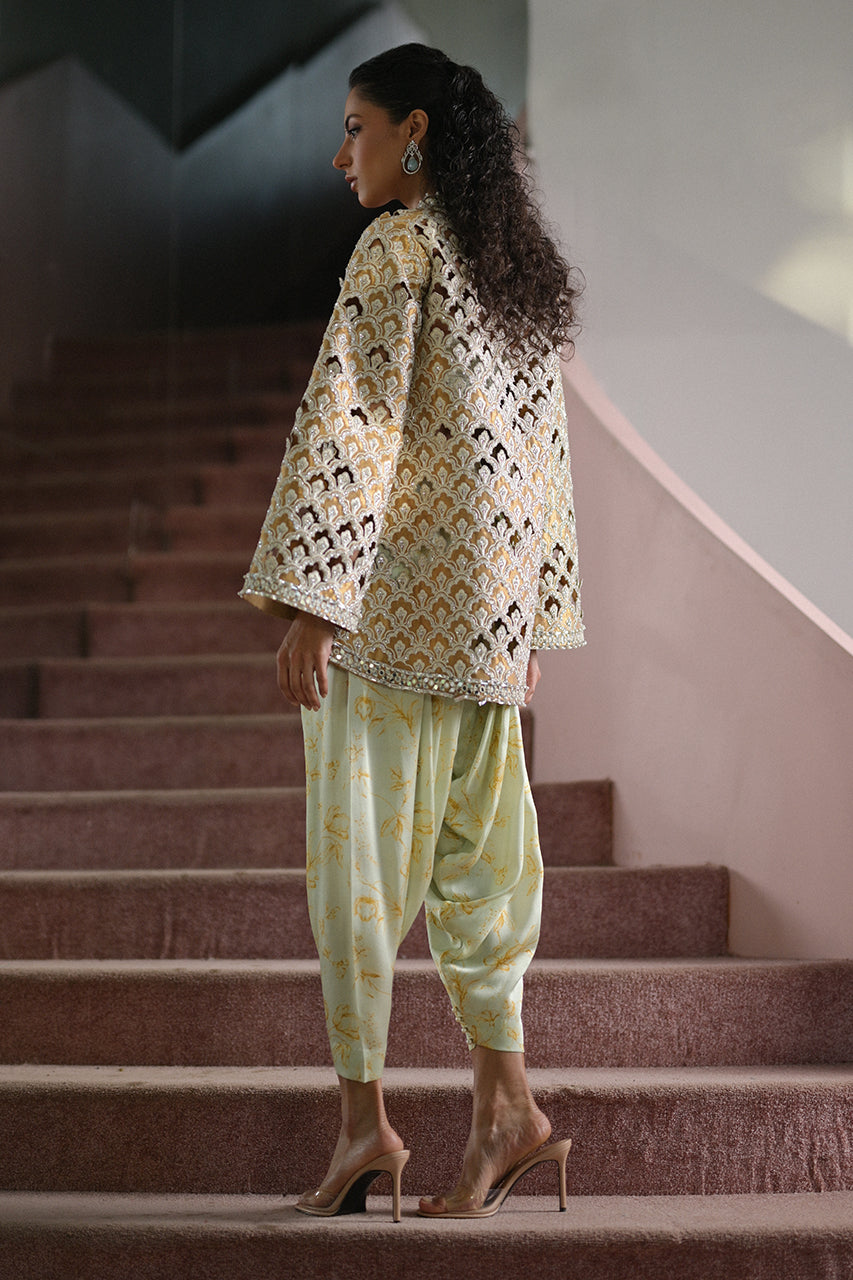 Pakistani Deep Gold Cutwork Tissue Jacket Salwar Kameez (3-Piece) - Image 2