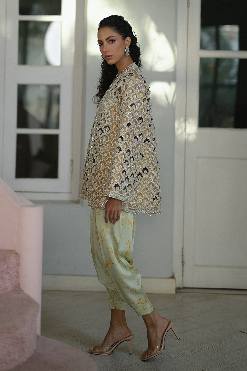 Pakistani Deep Gold Cutwork Tissue Jacket Salwar Kameez (3-Piece) - Image 4