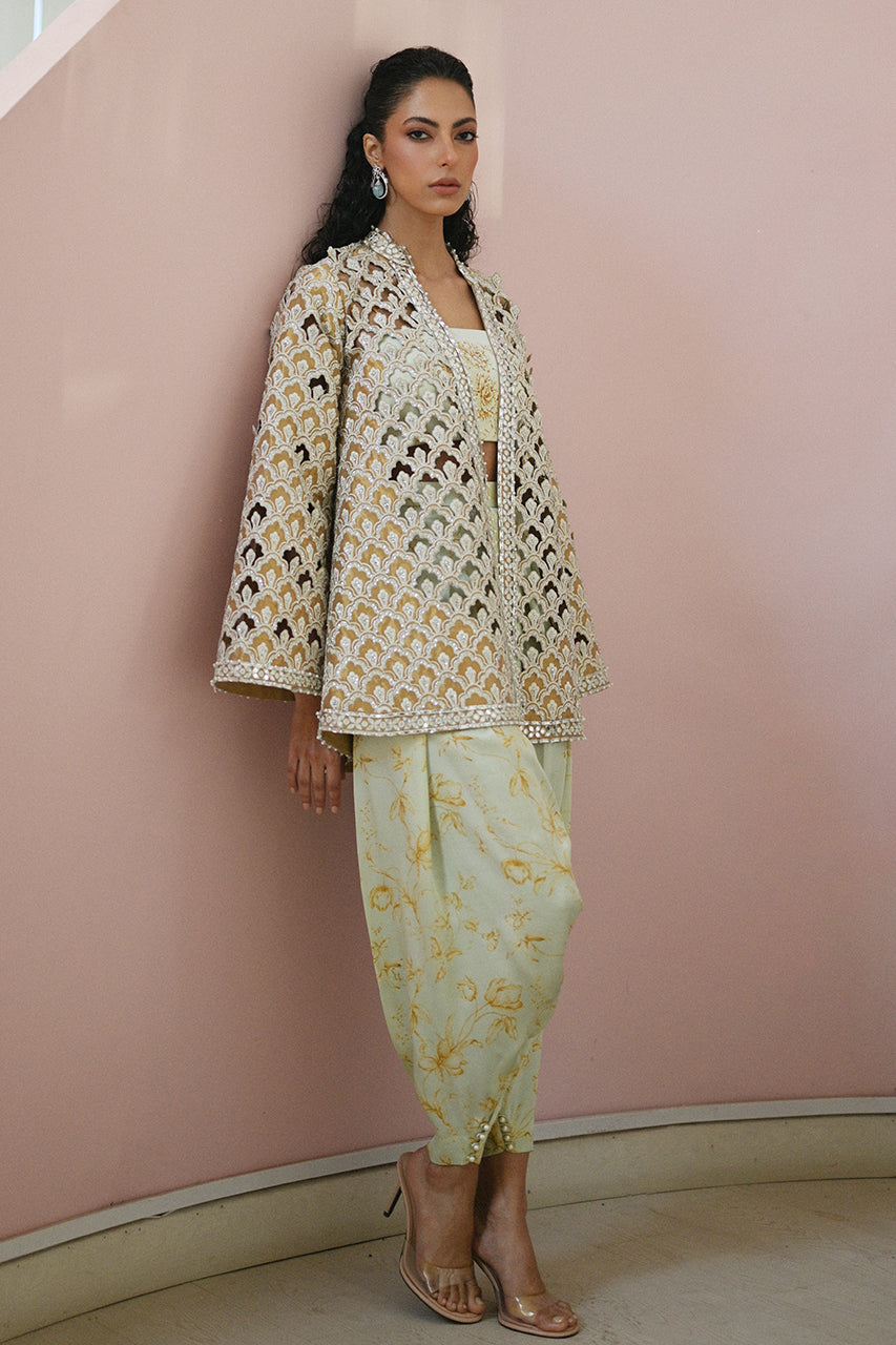 Pakistani Deep Gold Cutwork Tissue Jacket Salwar Kameez (3-Piece) - Image 6