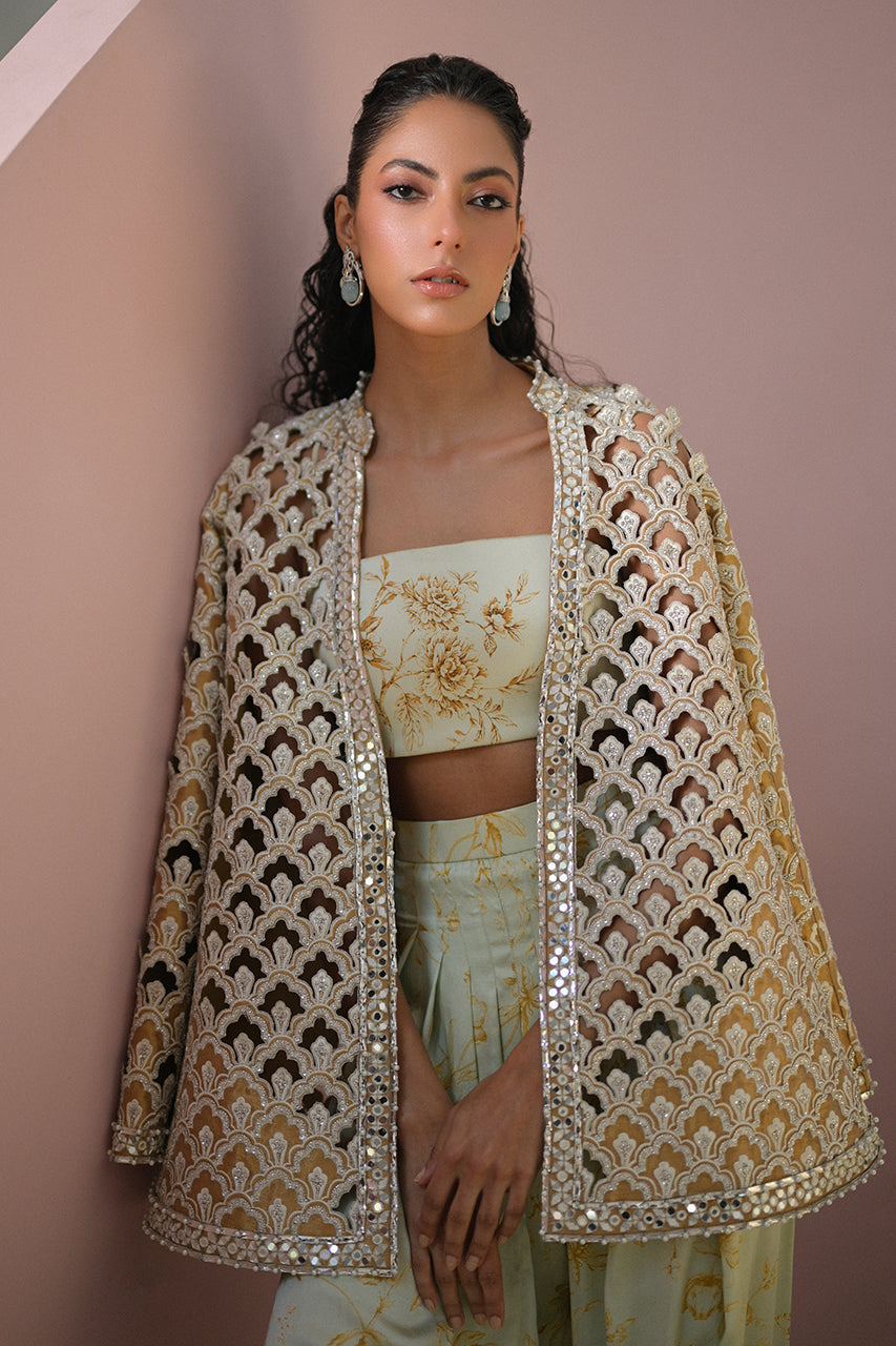 Pakistani Deep Gold Cutwork Tissue Jacket Salwar Kameez (3-Piece) - Image 7