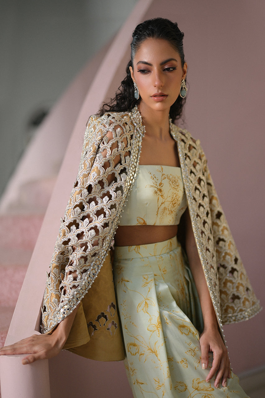 Pakistani Deep Gold Cutwork Tissue Jacket Salwar Kameez (3-Piece) - Image 8