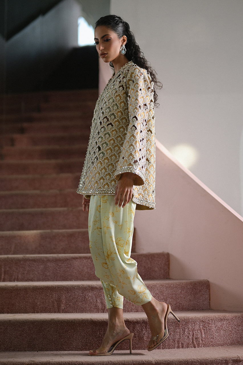 Pakistani Deep Gold Cutwork Tissue Jacket Salwar Kameez (3-Piece) - Image 9