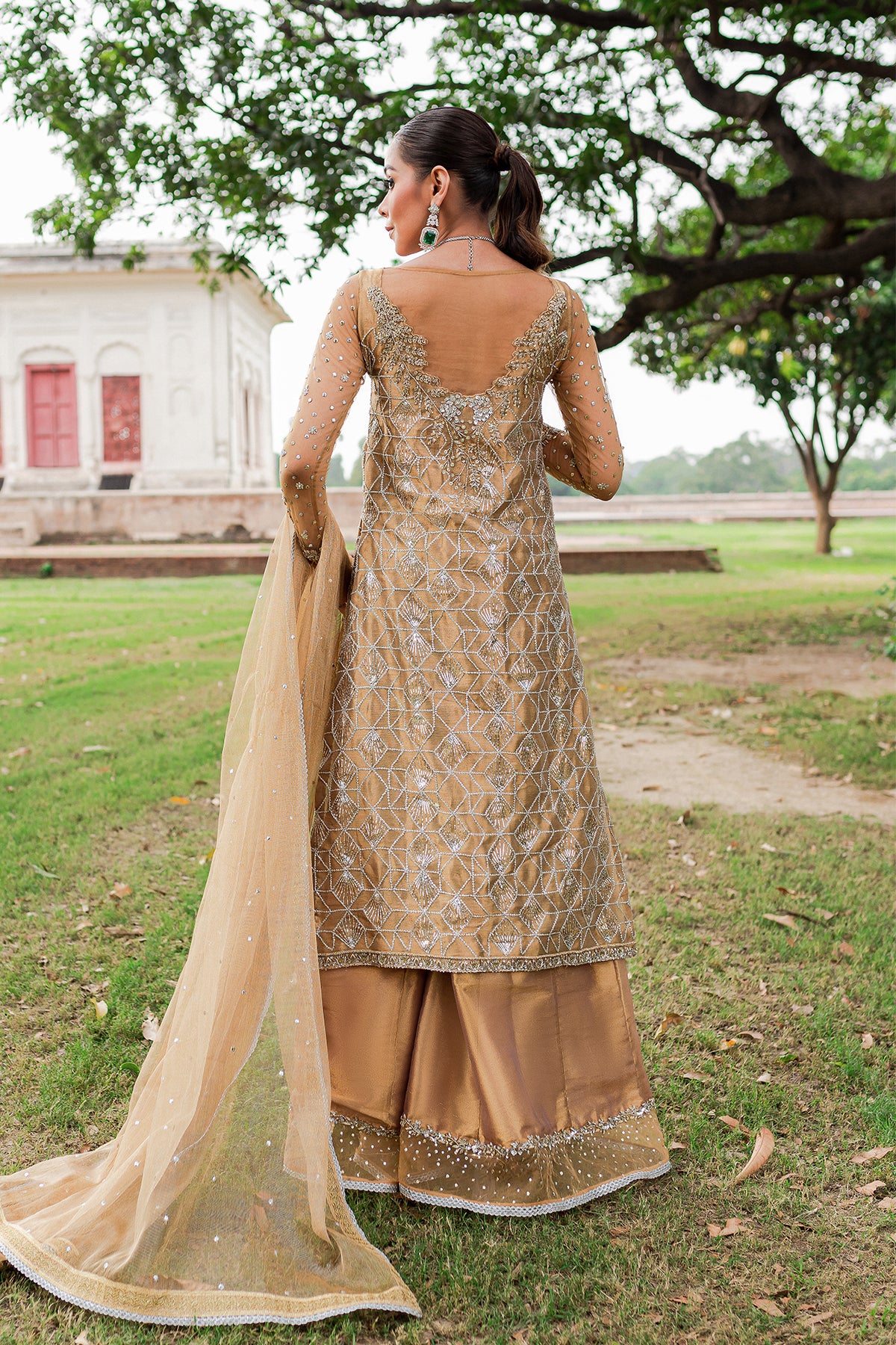 Bronze Embellished Pure Tissue Salwar Kameez (3-Piece) - Image 2