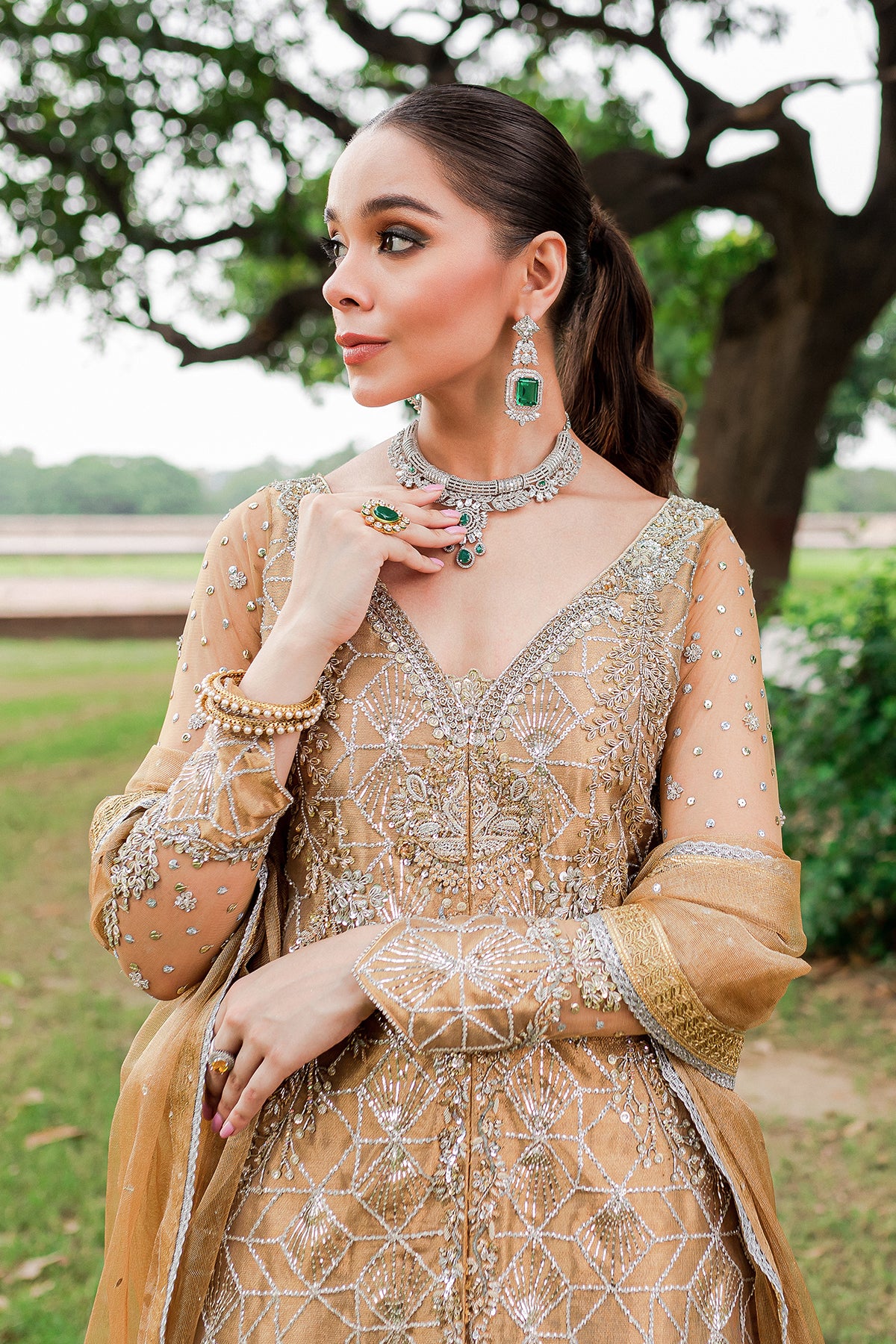 Bronze Embellished Pure Tissue Salwar Kameez (3-Piece) - Image 3