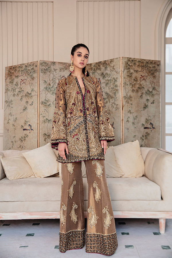 Pakistani Antique Gold Hand-Embellished Tissue Jacket & Palazzo (2-Piece) - Image 2