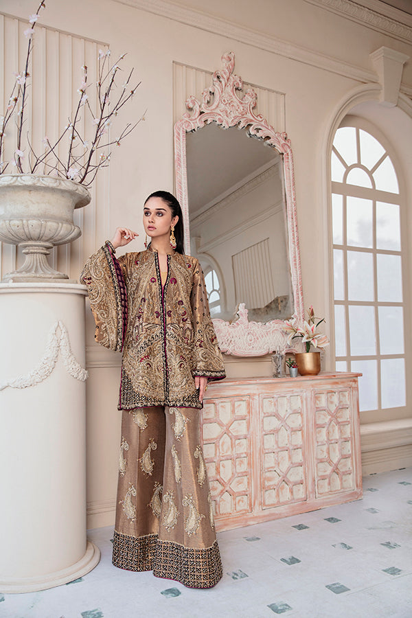 Pakistani Antique Gold Hand-Embellished Tissue Jacket & Palazzo (2-Piece) - Image 3