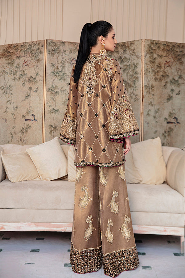Pakistani Antique Gold Hand-Embellished Tissue Jacket & Palazzo (2-Piece) - Image 4